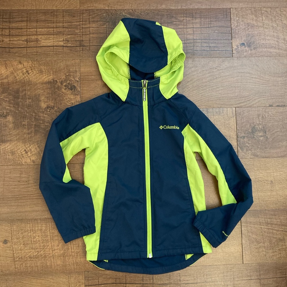 Columbia Omni-Shield Youth Hood Jacket Navy Neon Green Full Zip Size 8 Small